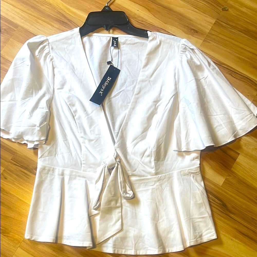 Allegra K White Flutter Sleeve Wrap Blouse